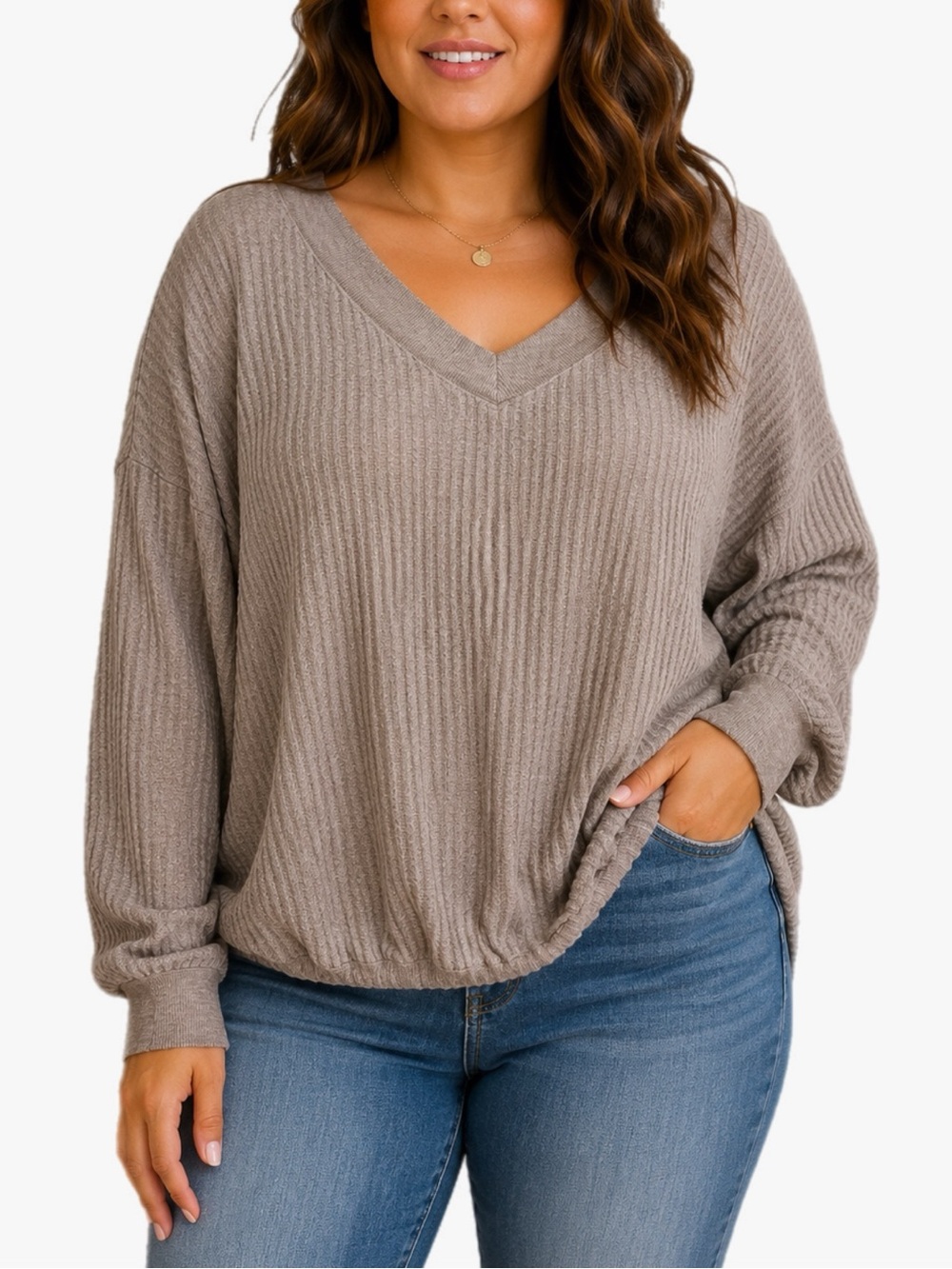 Mittoshop Taupe Waffle Knit Oversized V Neck Long Sleeve Top Size Small